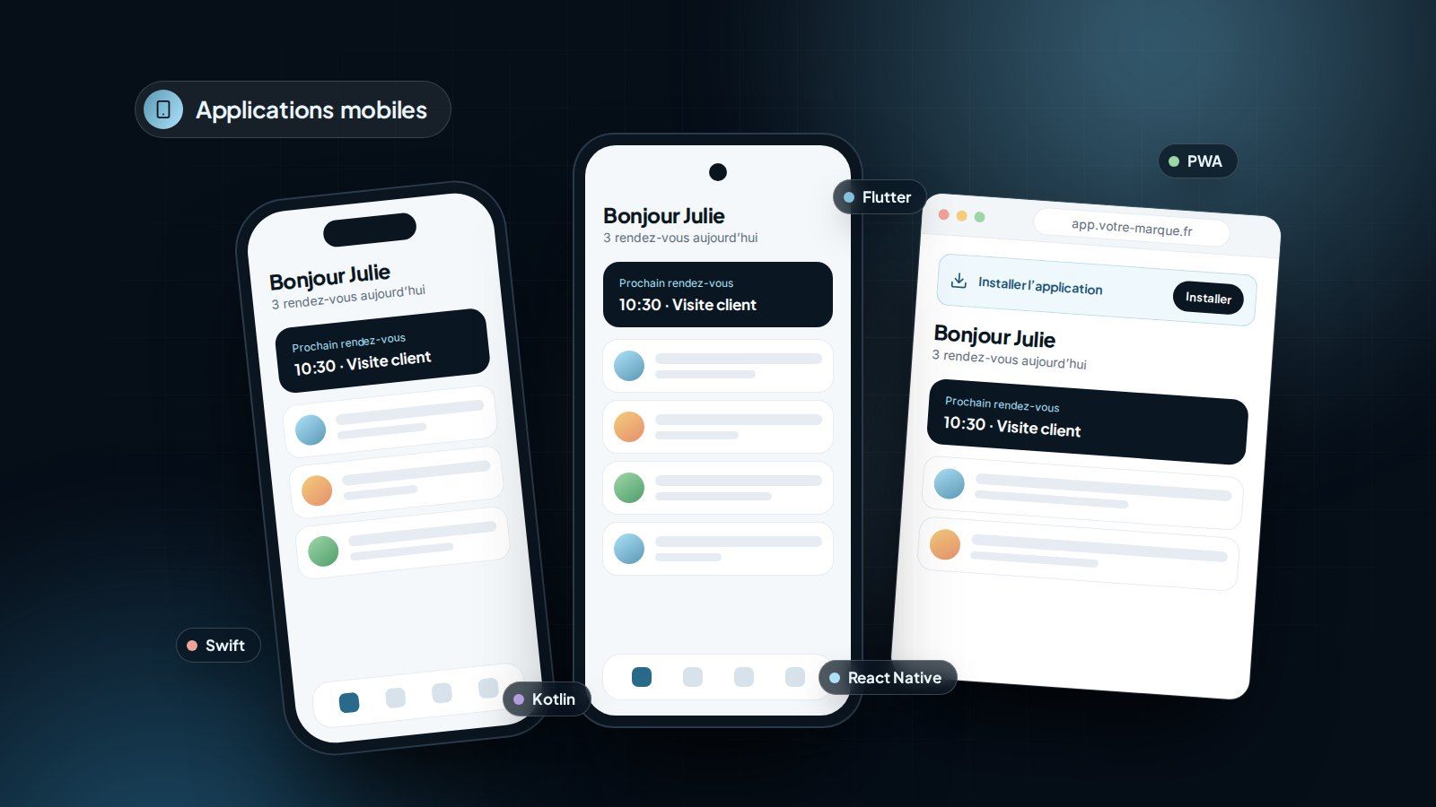 Application mobile affichée sur un iPhone, un smartphone Android et dans un navigateur