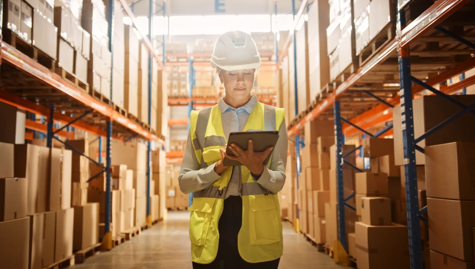 Magasinier consultant une tablette dans un entrepôt