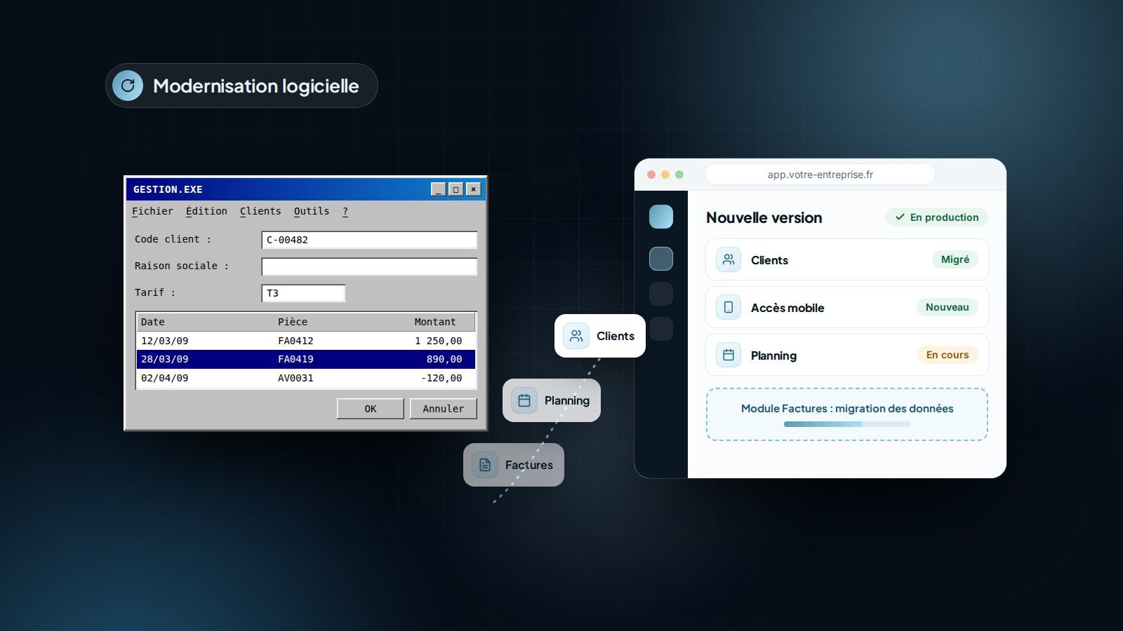 Ancienne application de bureau remplacée progressivement par une application web moderne
