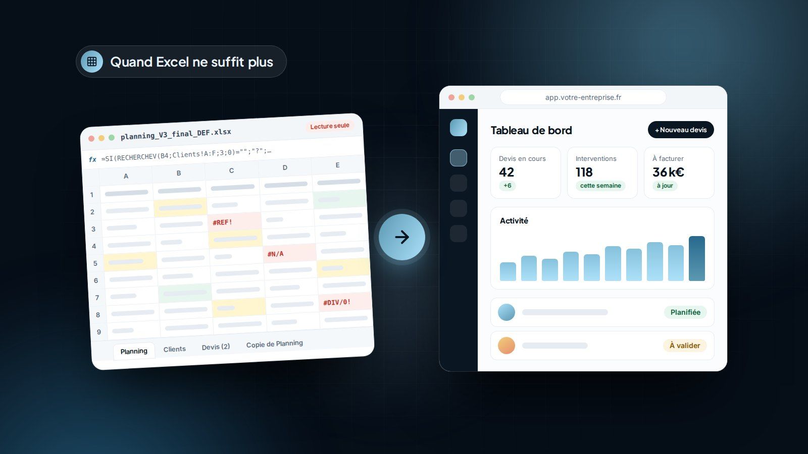 Tableur surchargé remplacé par un tableau de bord de logiciel de gestion